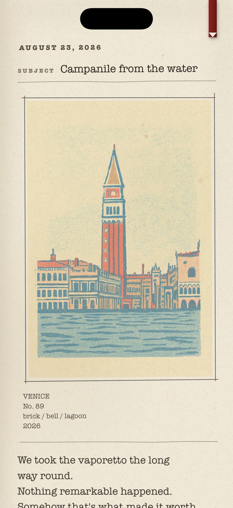 A Mement page: the campanile in Venice drawn in ink, with a typewritten note beneath